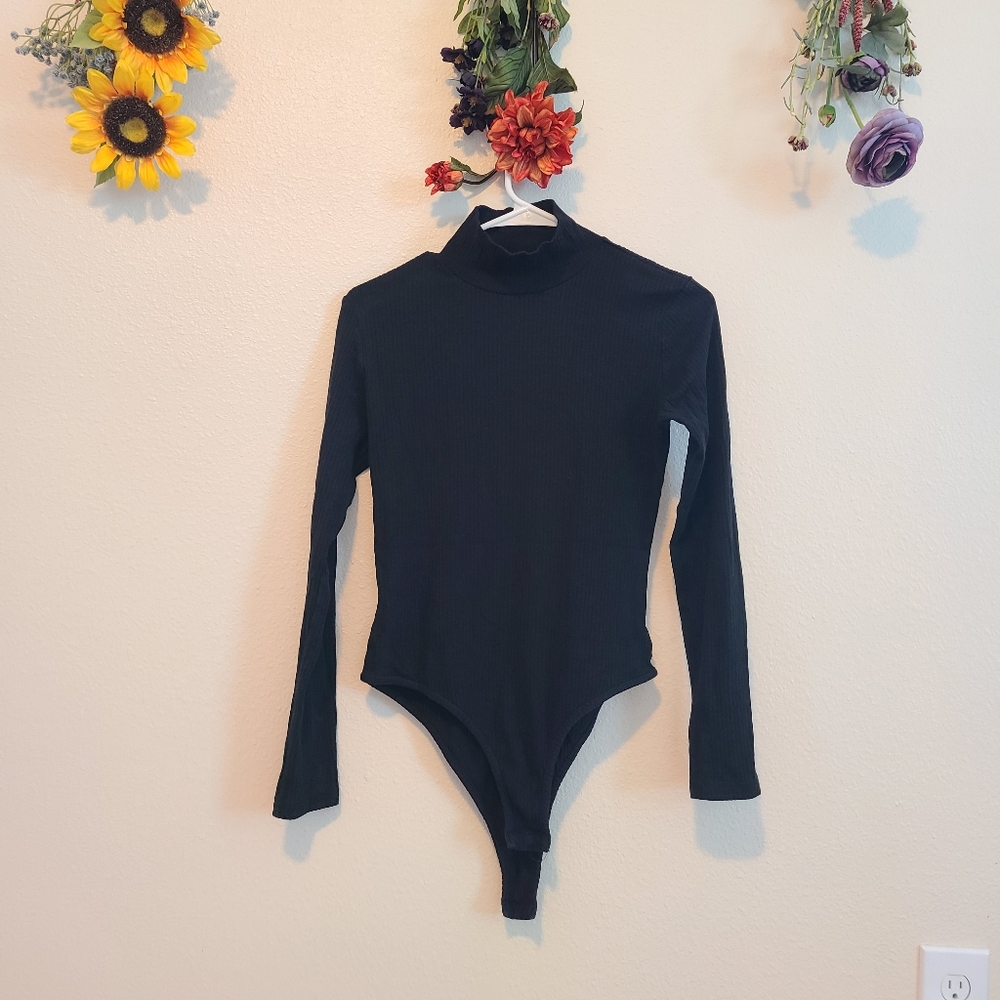 Commando Black Ribbed Long-Sleeve Mock Neck Bodysuit